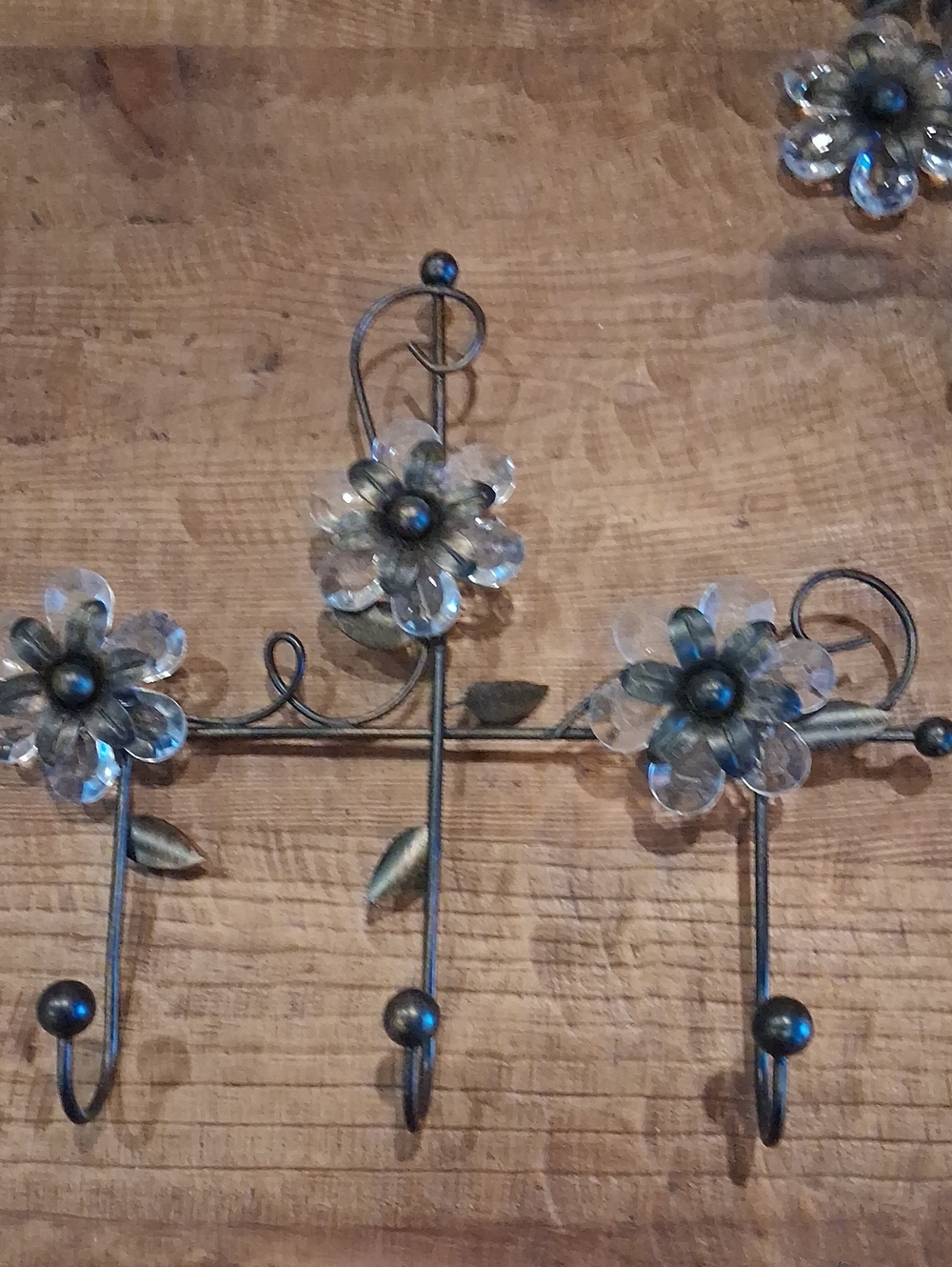 Decorative Floral Wall Hook Rack in Bronze with Clear Petals Set Of 3